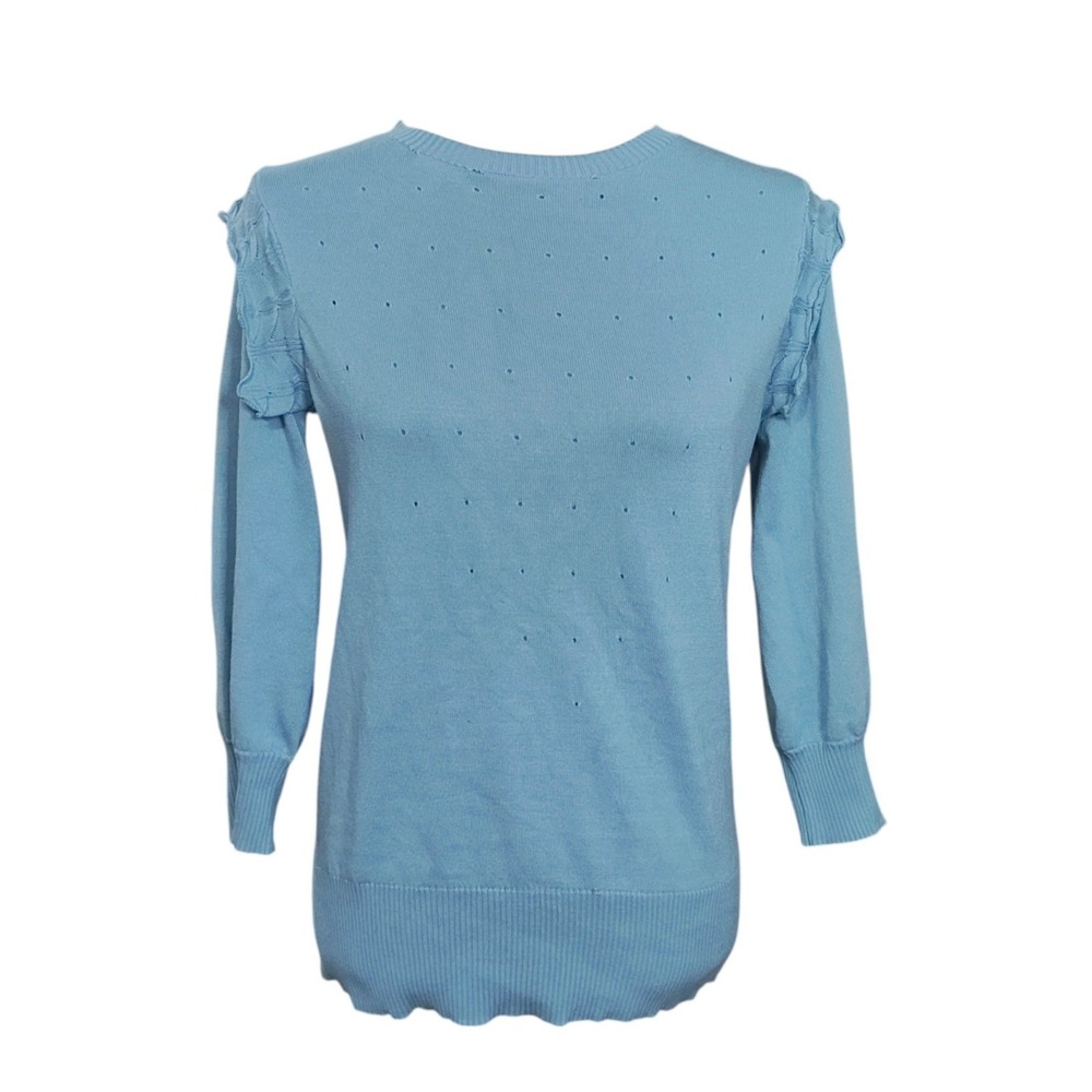 Front Row Light Blue Pointelle Ruffle Shoulder Knit Sweater XS Womens